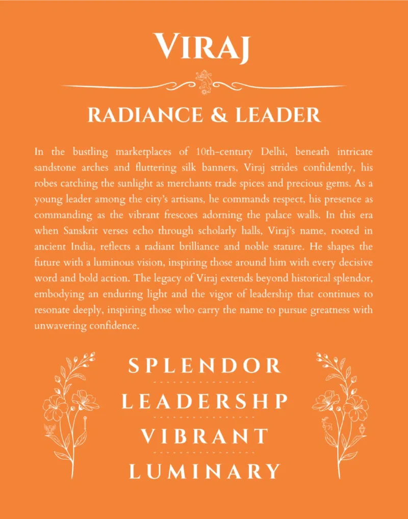 Viraj name origin print with meaning and traits in orange