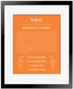 Viraj name origin print with meaning and traits in orange with black matte frame