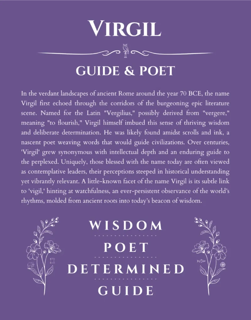 Virgil personalized name art with origin story in purple