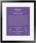 Virgil personalized name art with origin story in purple with black matte frame