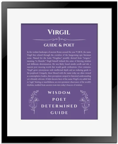 Virgil personalized name art with origin story in purple with black matte frame