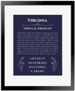 Virginia name meaning wall art by Get Your Story in navy blue with black matte frame