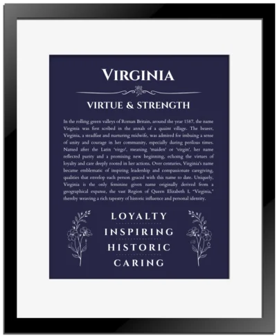 Virginia name meaning wall art by Get Your Story in navy blue with black matte frame