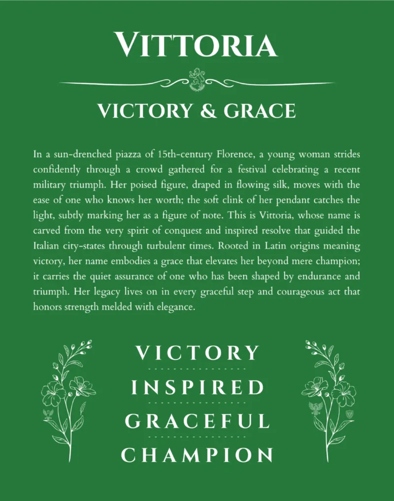 Vittoria personalized name art with origin story in dark green