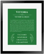 Vittoria personalized name art with origin story in dark green with black matte frame