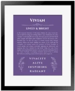 Vivian personalized name meaning print in purple with black matte frame