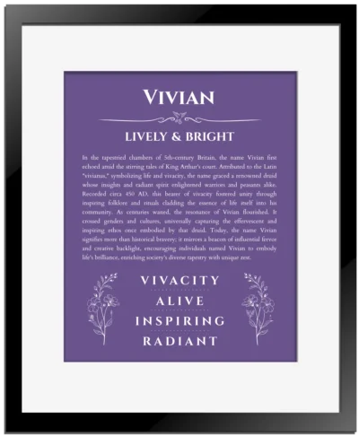 Vivian personalized name meaning print in purple with black matte frame