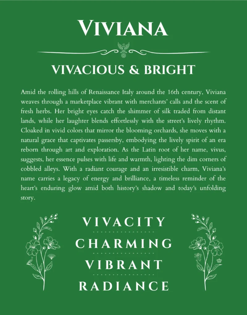 Viviana name origin print with meaning and traits in dark green