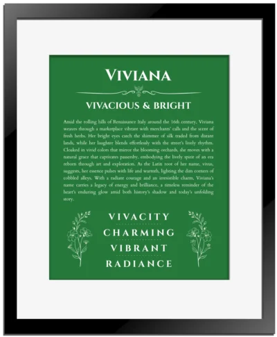 Viviana name origin print with meaning and traits in dark green with black matte frame