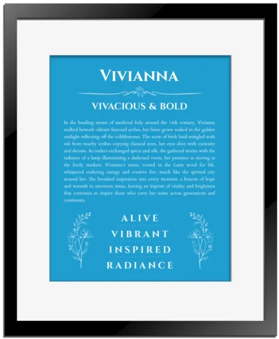 Vivianna name meaning wall art by Get Your Story in blue with black matte frame