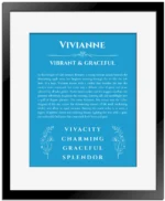 Vivianne custom name meaning print in blue with black matte frame