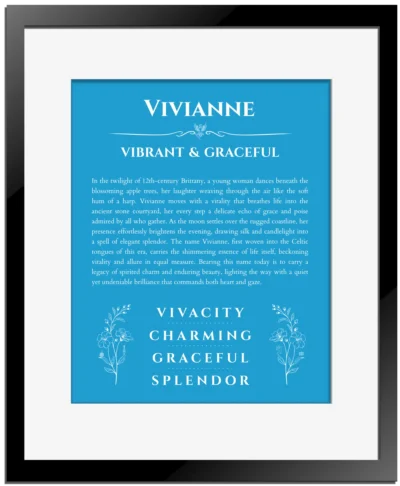 Vivianne custom name meaning print in blue with black matte frame