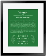Vivien personalized wall art with the story of your name in dark green with black matte frame