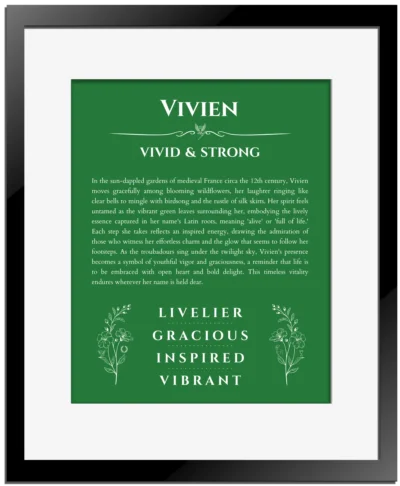 Vivien personalized wall art with the story of your name in dark green with black matte frame