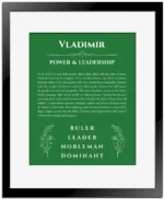 Vladimir personalized name art with origin story in dark green with black matte frame