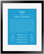 Von custom name meaning print in blue with black matte frame