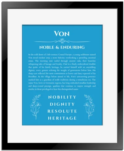 Von custom name meaning print in blue with black matte frame