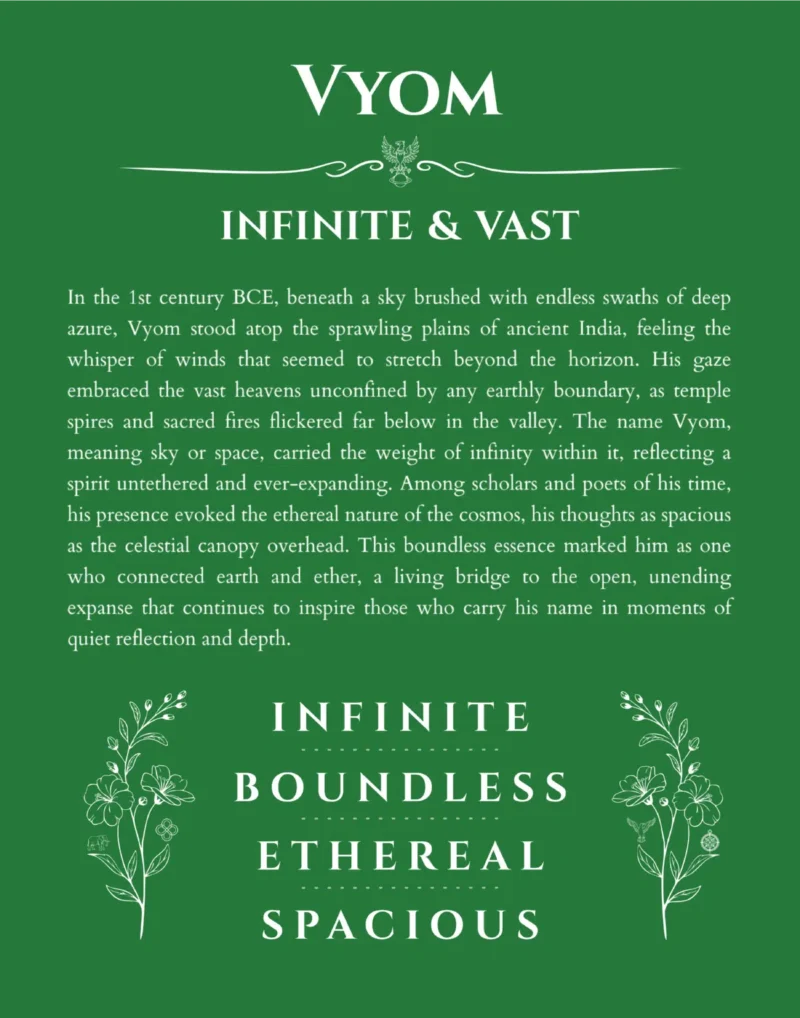 Vyom personalized name print with origin and traits in dark green