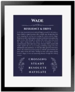 Wade personalized name print with origin and traits in navy blue with black matte frame