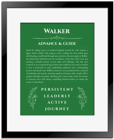 Walker name meaning wall art by Get Your Story in dark green with black matte frame