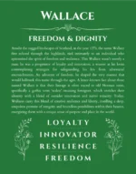 Wallace personalized name art with origin story in dark green