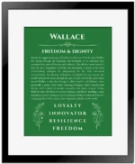 Wallace personalized name art with origin story in dark green with black matte frame