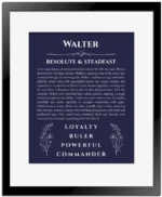 Walter name meaning gift print in navy blue with black matte frame