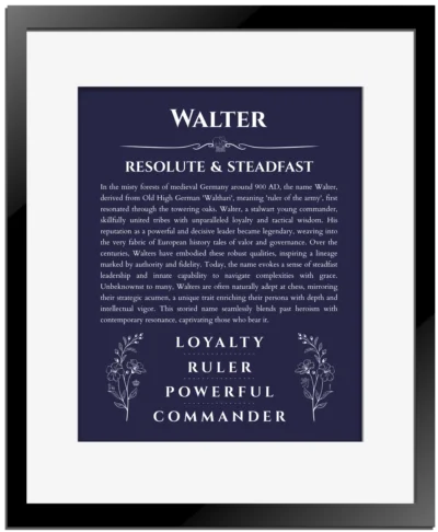 Walter name meaning gift print in navy blue with black matte frame