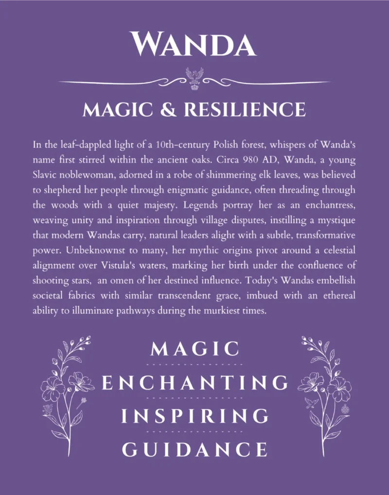 Wanda name origin print with meaning and traits in purple