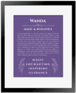 Wanda name origin print with meaning and traits in purple with black matte frame