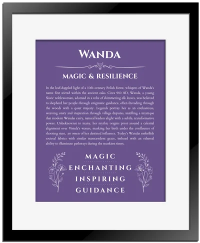 Wanda name origin print with meaning and traits in purple with black matte frame