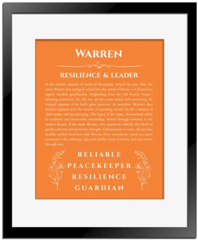 Warren custom name art showing meaning and origin in orange with black matte frame