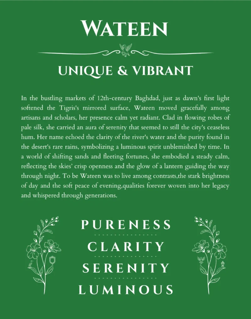 Wateen personalized name print with origin and traits in dark green