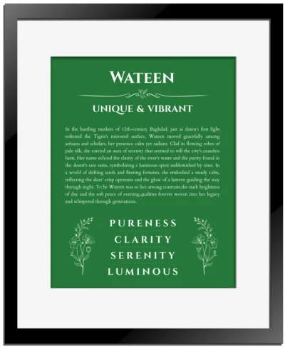 Wateen personalized name print with origin and traits in dark green with black matte frame