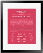 Watson personalized name meaning print in red with black matte frame