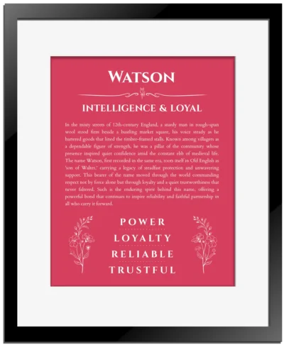 Watson personalized name meaning print in red with black matte frame