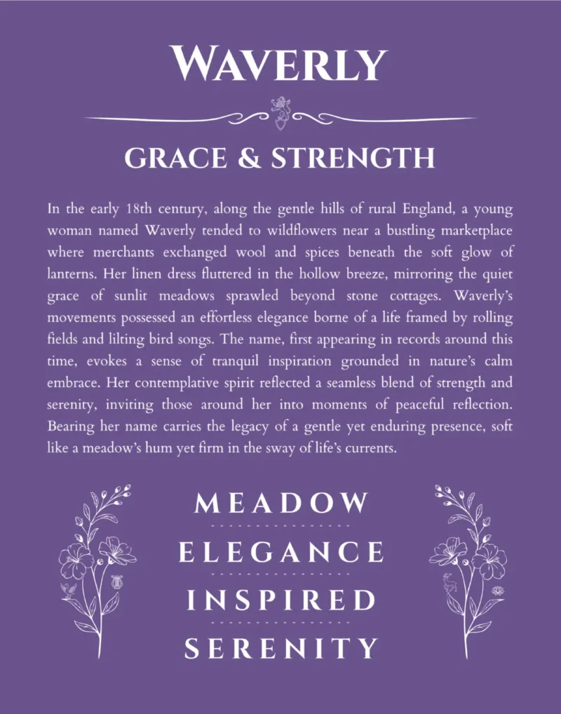 Waverly personalized name print with origin and traits in purple