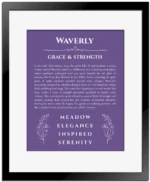 Waverly personalized name print with origin and traits in purple with black matte frame