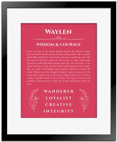 Waylen personalized name meaning print in red with black matte frame