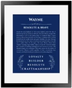 Wayne custom name print for wall display in deep blue with black matte frame