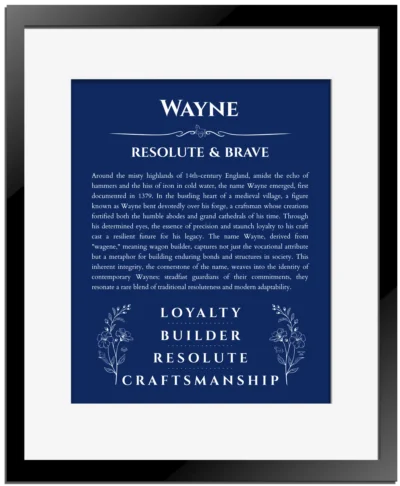 Wayne custom name print for wall display in deep blue with black matte frame