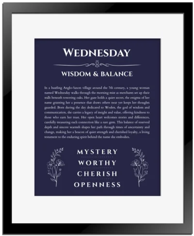 Wednesday custom name meaning print in navy blue with black matte frame