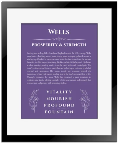 Wells name origin print with meaning and traits in purple with black matte frame