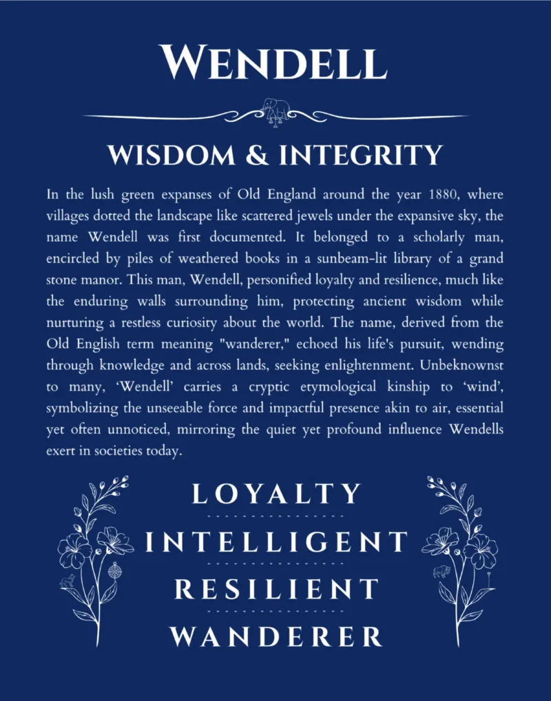 Wendell custom name art showing meaning and origin in deep blue