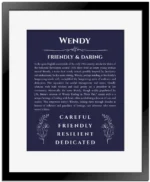 Wendy custom name print for wall display in navy blue with black matte frame