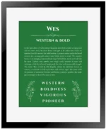 Wes personalized name meaning print in dark green with black matte frame