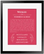 Weslee custom name art showing meaning and origin in red with black matte frame