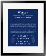 Wesley personalized name print with origin and traits in deep blue with black matte frame