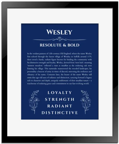 Wesley personalized name print with origin and traits in deep blue with black matte frame