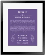 Weslie custom name print for wall display in purple with black matte frame